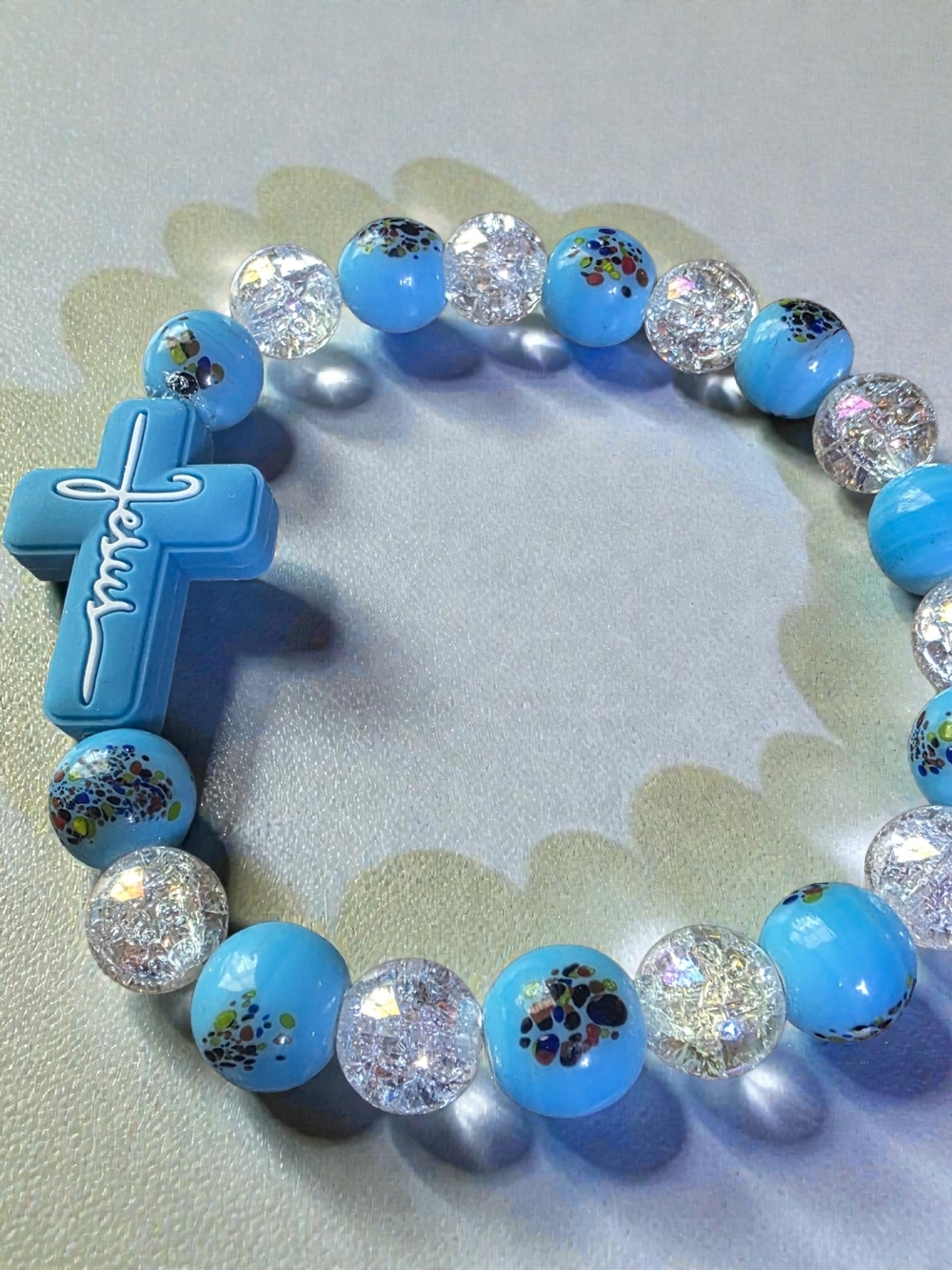 Handmade Artisan Glass Blue Beaded Cross Bracelet